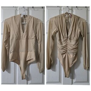 Guess Neutral Beige Mesh Bodysuit, Ruched Back, Sheer Sleeves, Deep V-Neck, EUC!